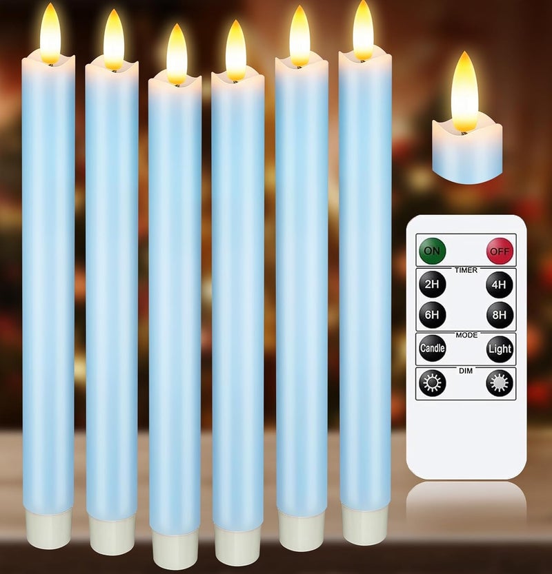 KSWING Upgraded Real Wax LED Flameless Light Blue Taper Candles with Remote, 6 PCS Candlesticks Battery Operated 3D Flickering - 9.6" Long Realistic Fake Candle Sticks for Home/Wedding/Xmas Decor - Image 1